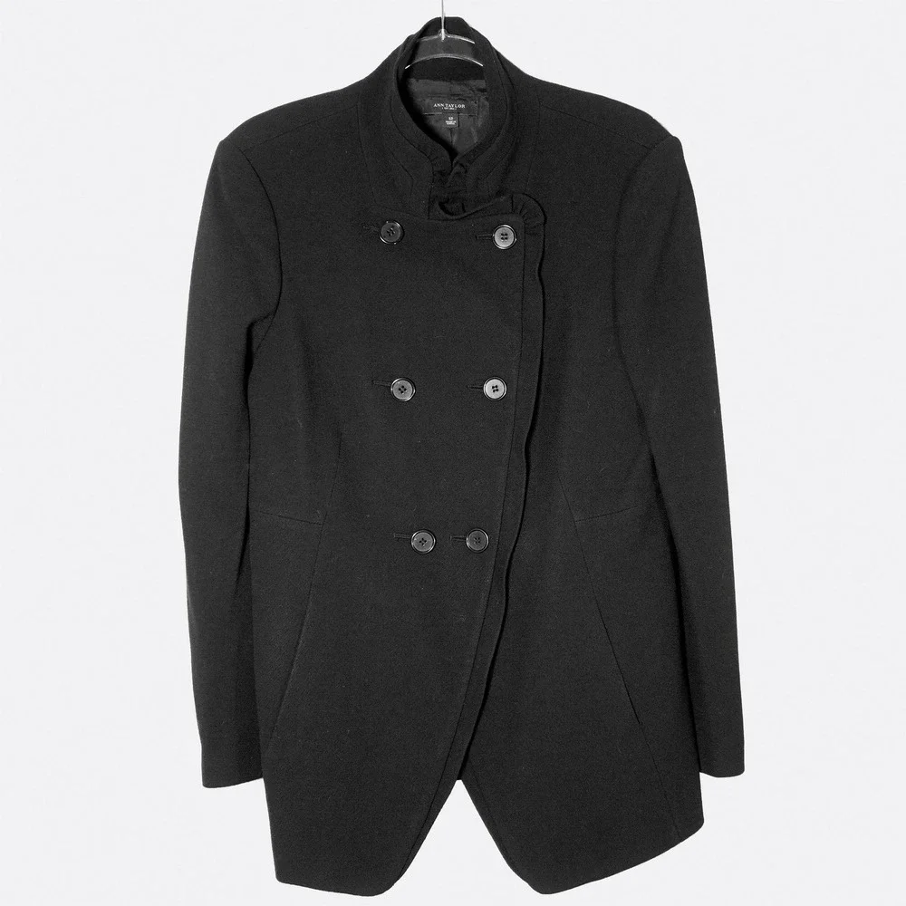 Ann Taylor Wool Ruffle Trim Military Jacket Black Double Breasted‎ Blazer 0X L